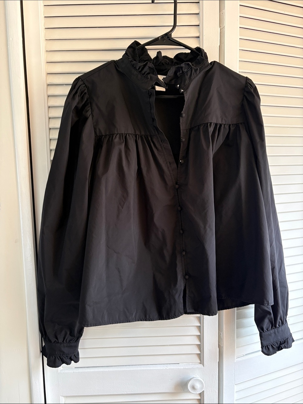 H&M Black Ruffled High-Neck Button-Down Blouse